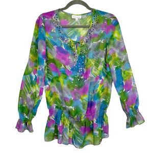 Vintage 90s Y2K Fairy Sheer Beaded Sequin Floral Multicolor Blouse M Drop Waist